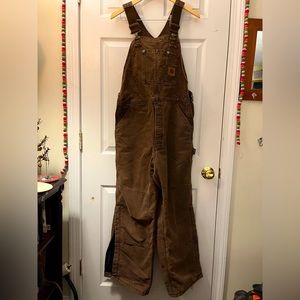 Carhartt dark brown duck bib, overalls, arctic quilt lined, men’s size 36 x 28